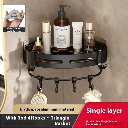 Gun grey metal fan-shaped corner bathroom shelf mounted punch-free on a wall, holding bathroom toiletries.