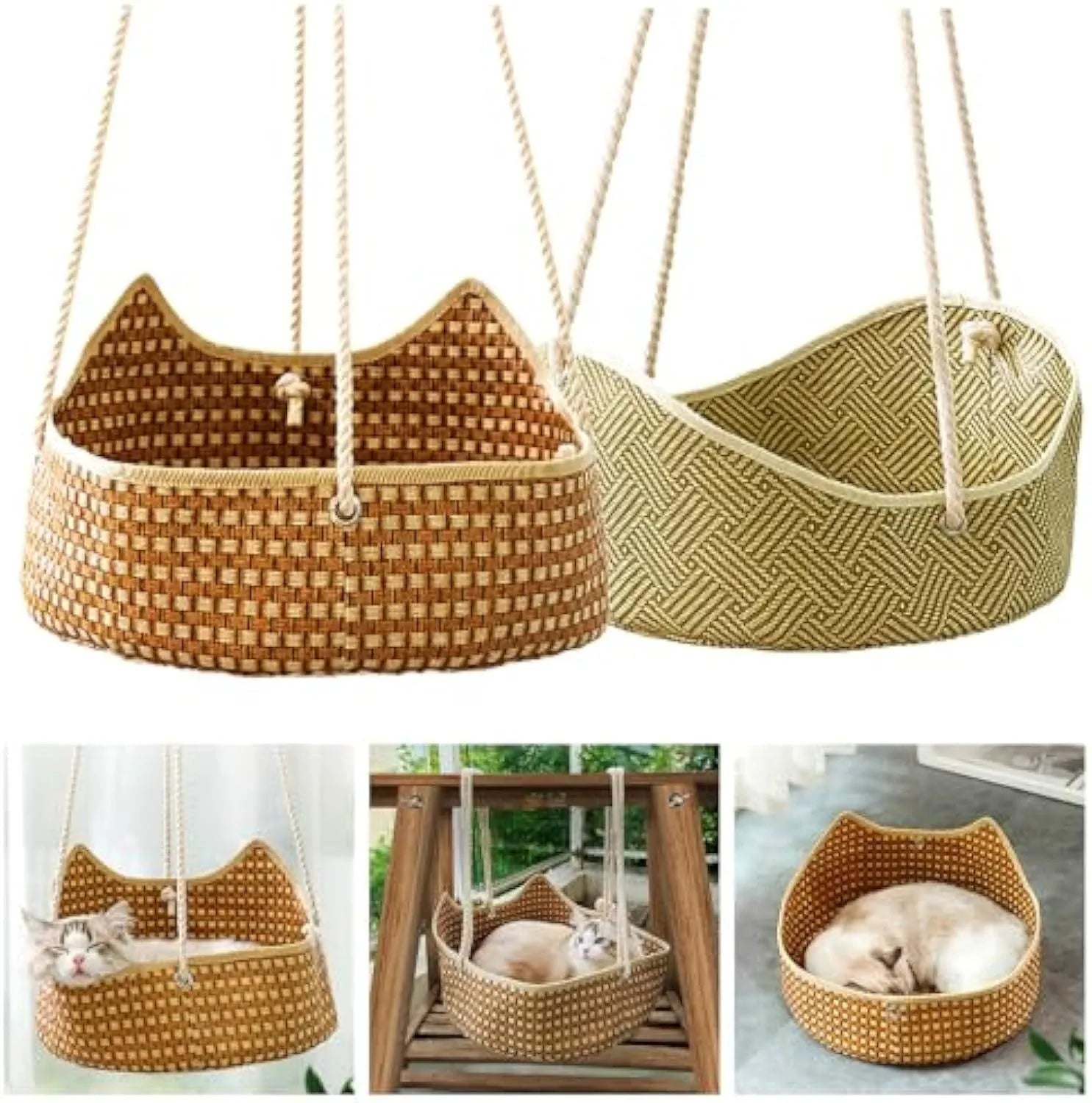 Green rattan cat hammock with metal hooks, shown hanging, suitable for small pets.