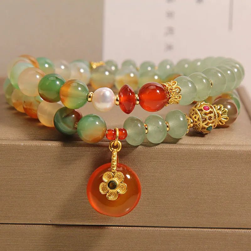 Peacock green agate double ring bracelet with safety buckle pendant and rhinestone detailing