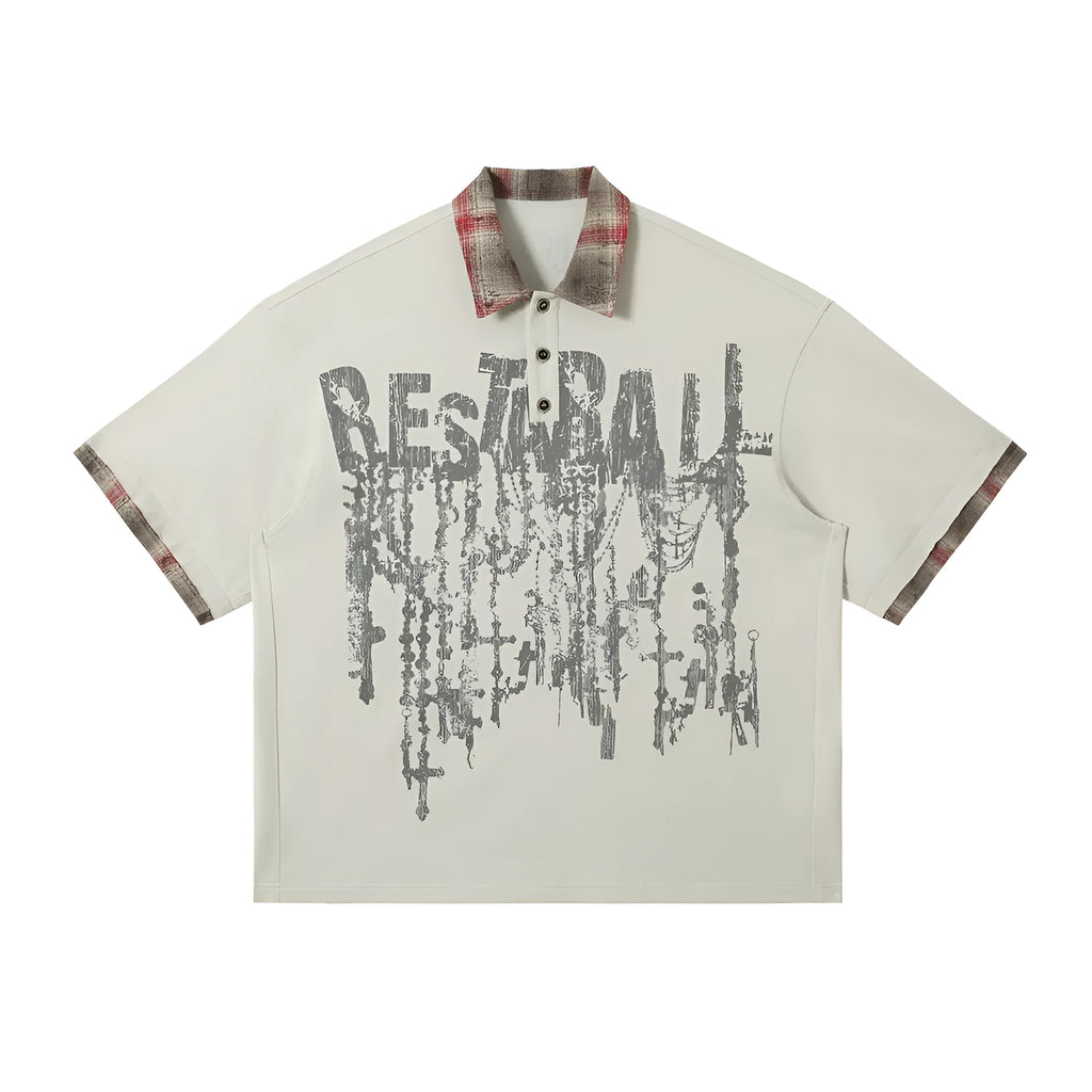 Men's loose asymmetric short-sleeve top with a lapel graffiti print in cotton.