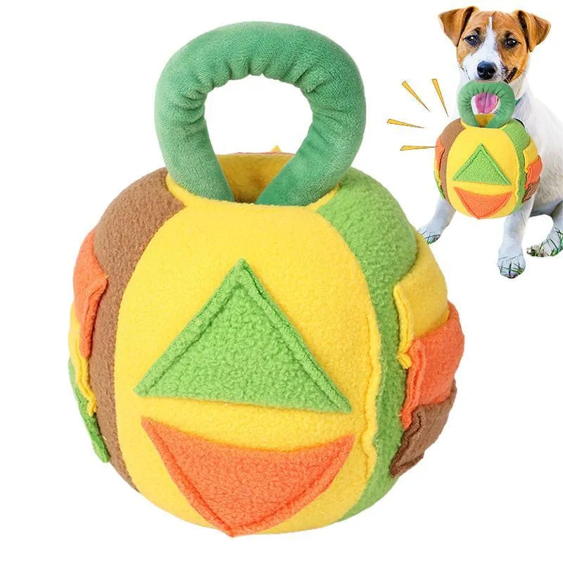 Green and pink plush squeaky ball dog toy with treat pockets measuring 12x12x18 cm