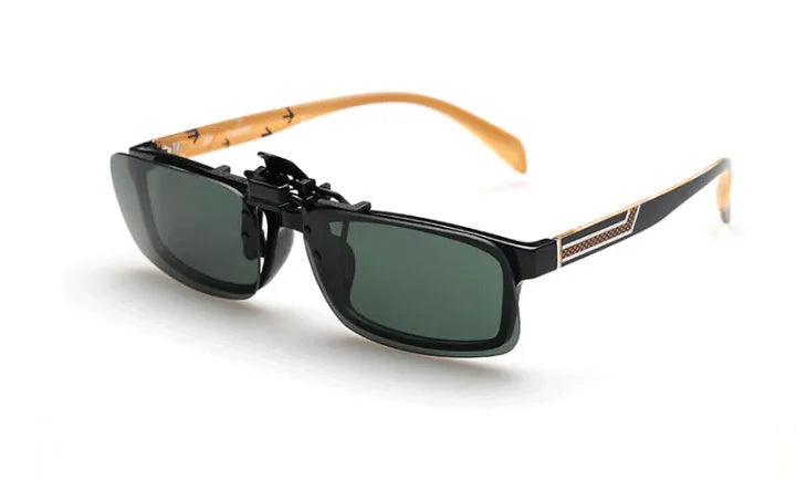PC plastic clip-on sunglasses for prescription glasses in dark green, grey, and night vision tints