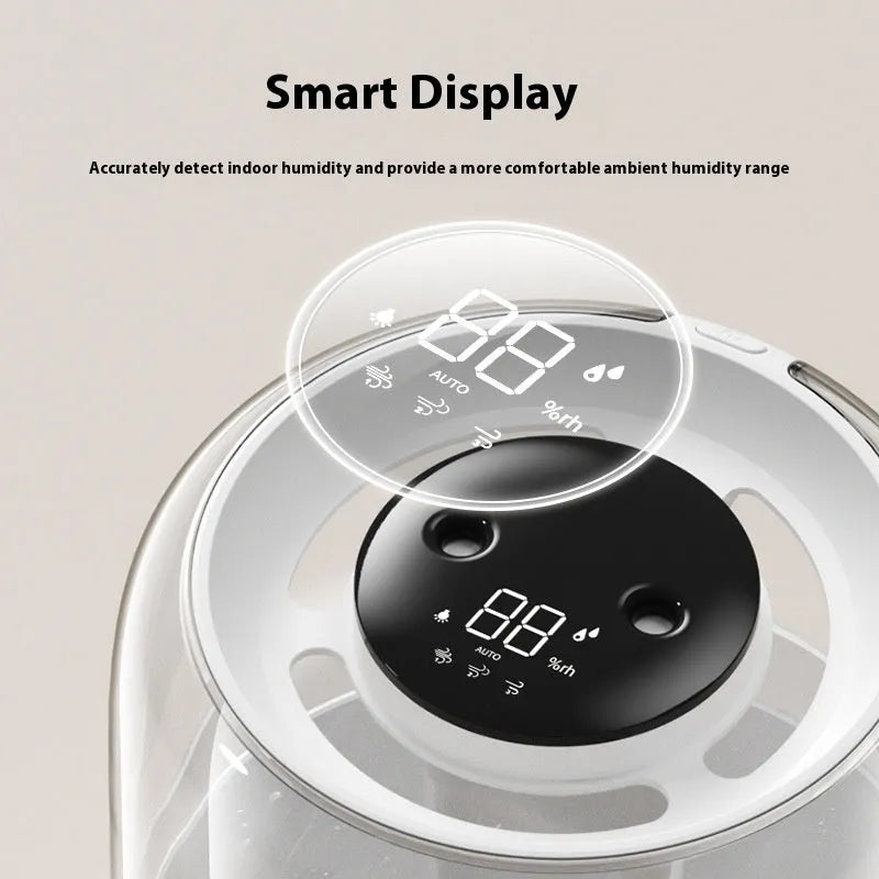 Beige round USB humidifier with display showing humidity level and dual spray outputs