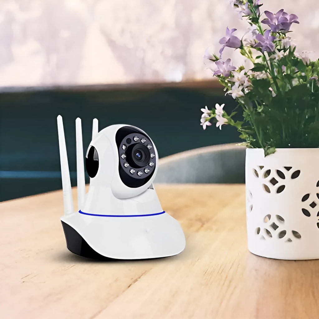 White dome-style wireless security camera with a 3.6mm lens for HD 720p indoor outdoor monitoring.