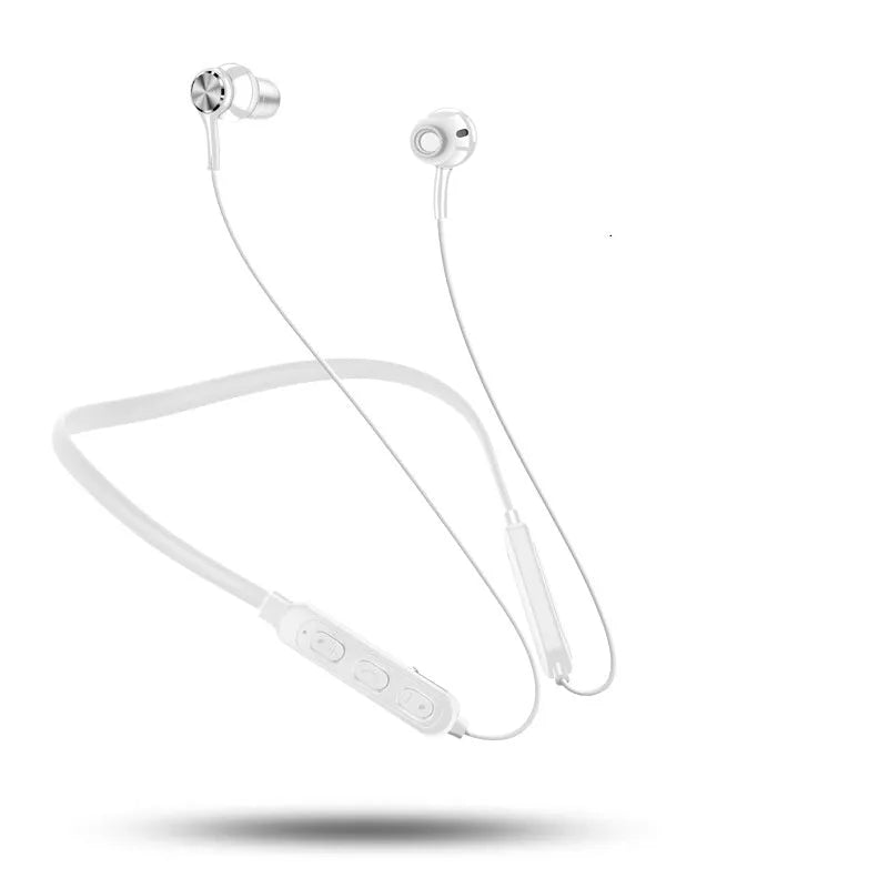 Black neckband sports Bluetooth earphones with earpieces, shown with USB charging cable.