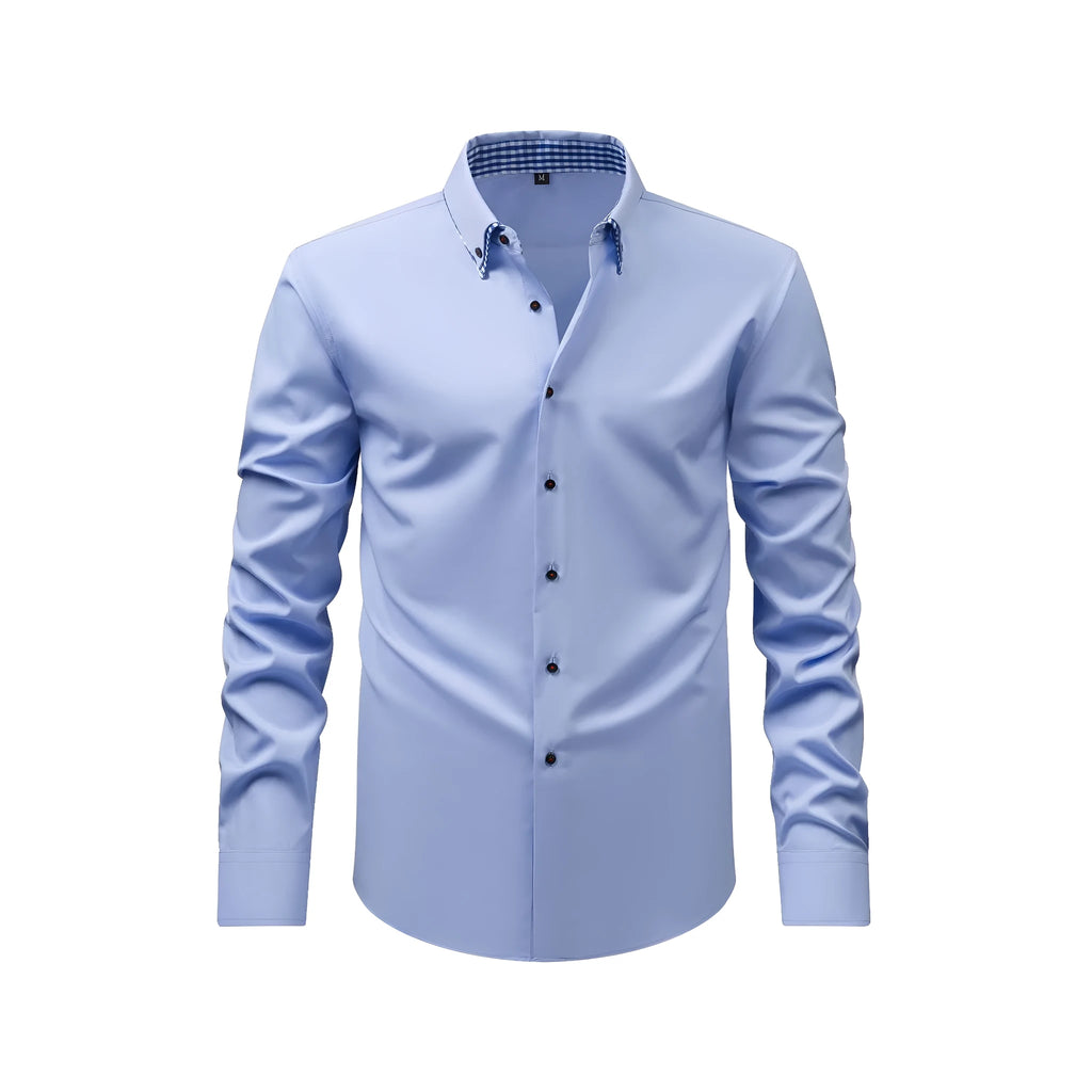 Double collar stitching casual shirt in black showing cardigan style and solid colour design with button front