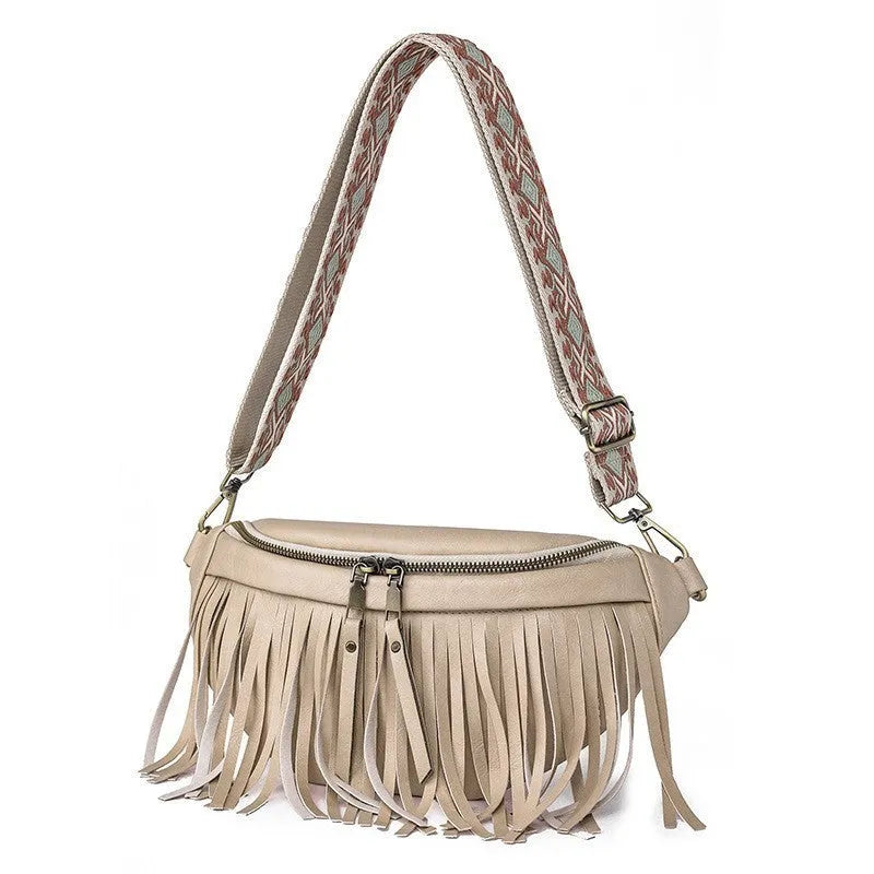 European retro messenger bag with tassel pleating in macaron grey colour showing organisational compartments