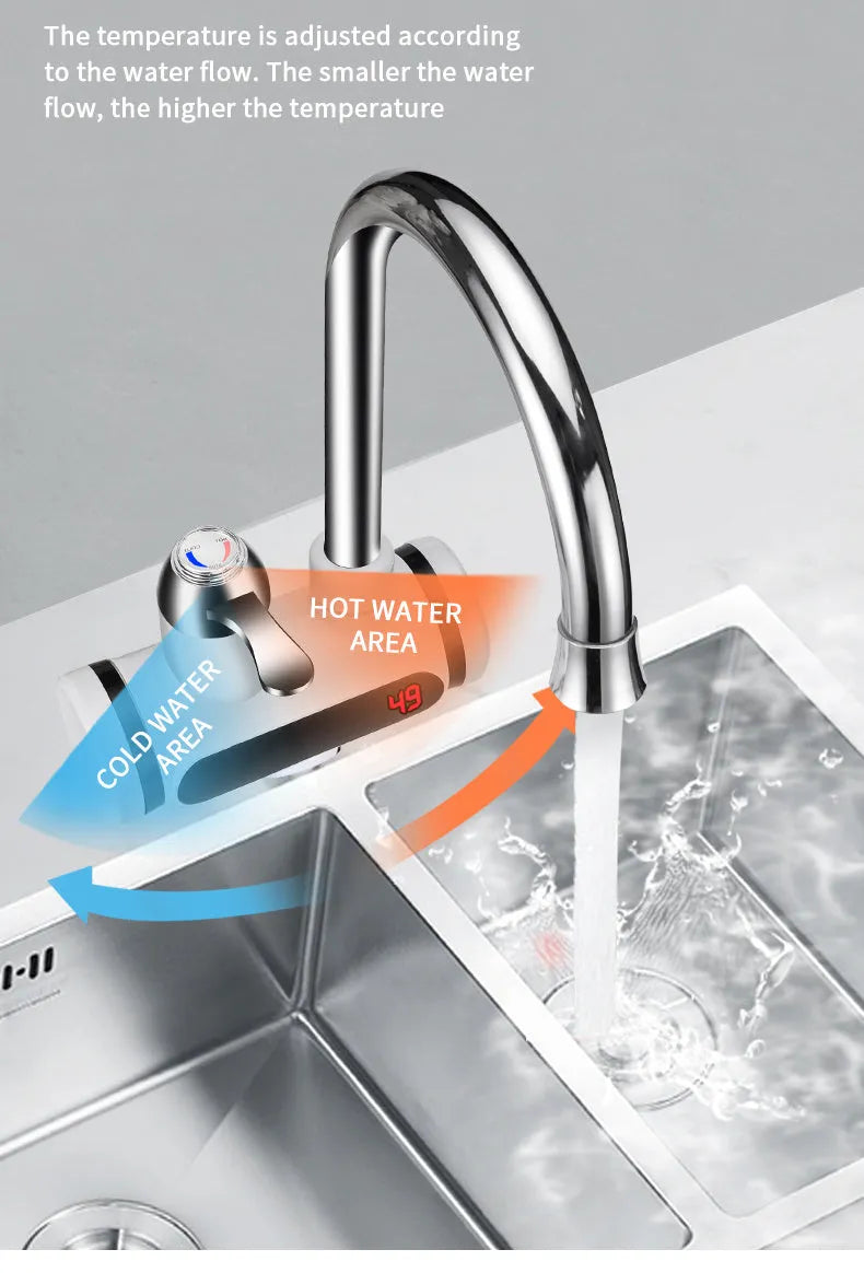White kitchen electric water heater tap with digital temperature display and instant heating capability