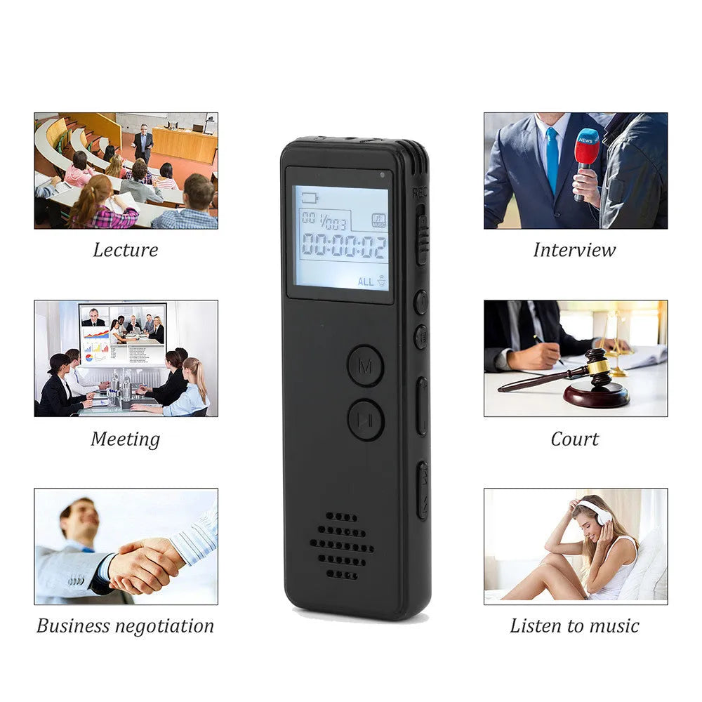 Black digital voice recorder with screen and built-in microphone for MP3 recording.
