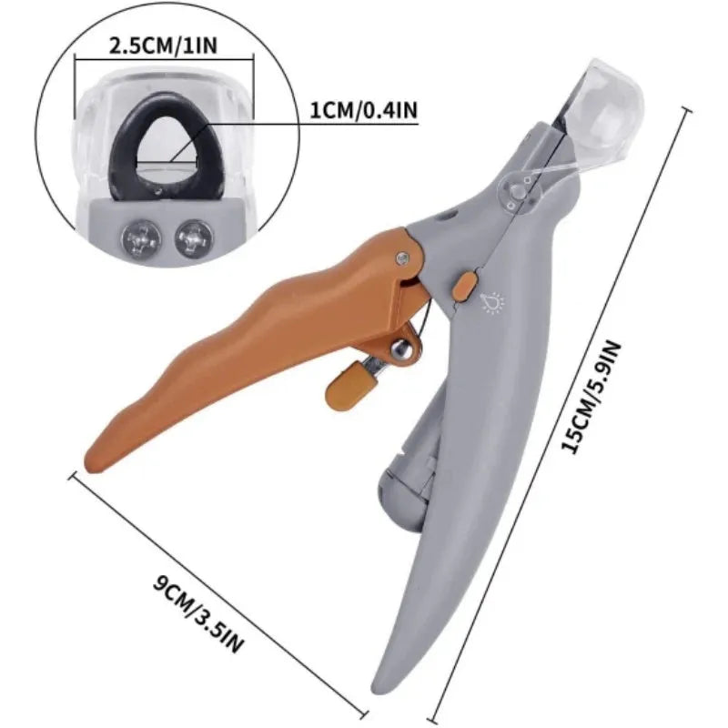 Yellow pet nail clipper for dogs and cats with built-in LED light and magnifying lens on handle.