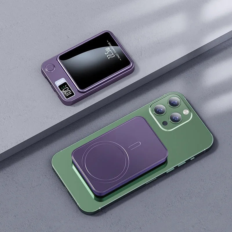 Wireless power bank with MagSafe charging in black, white, purple or green colour with industrial style plastic shell