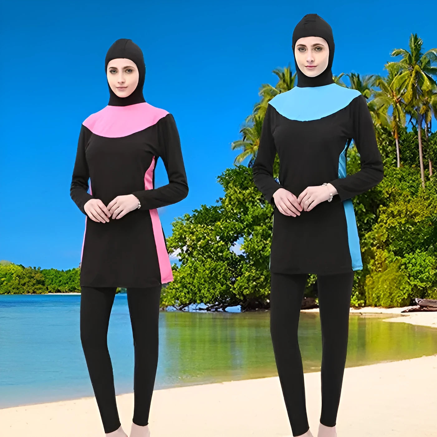 Women's black long sleeve hooded swimsuit top and pants set for swimming.