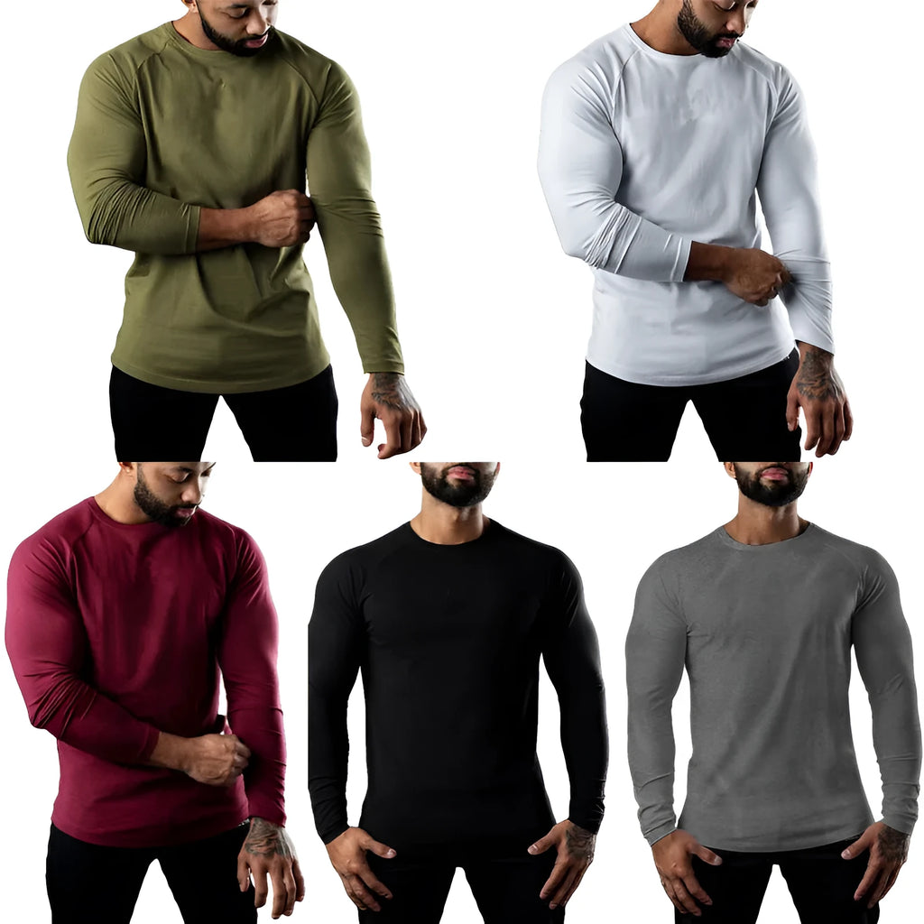 Men's tight-fitting long sleeve cotton sports t-shirt in multiple colours for exercise.