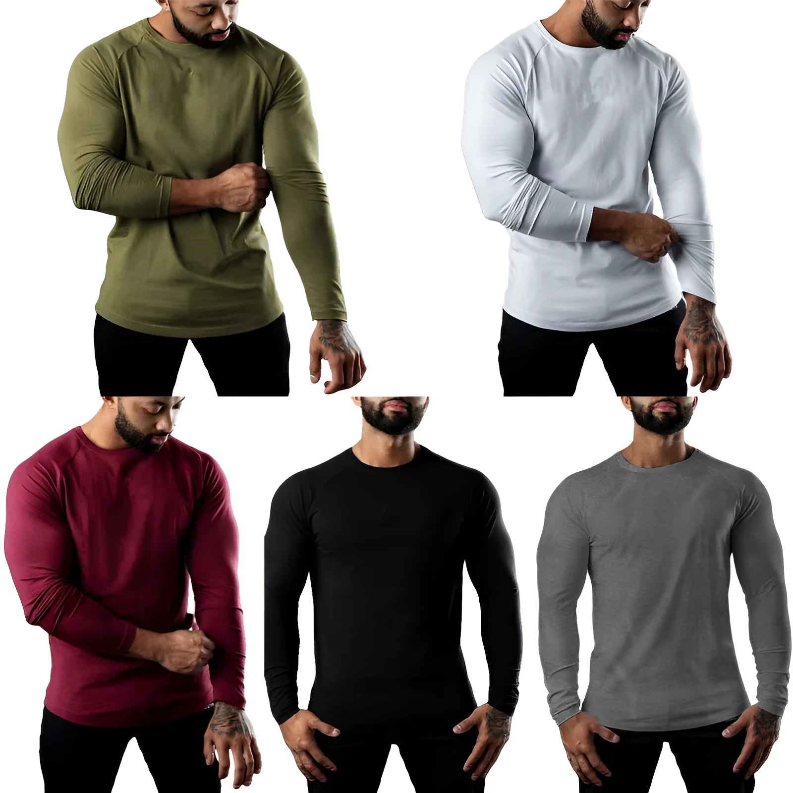 Men's tight-fitting long sleeve cotton sports t-shirt in multiple colours for exercise.