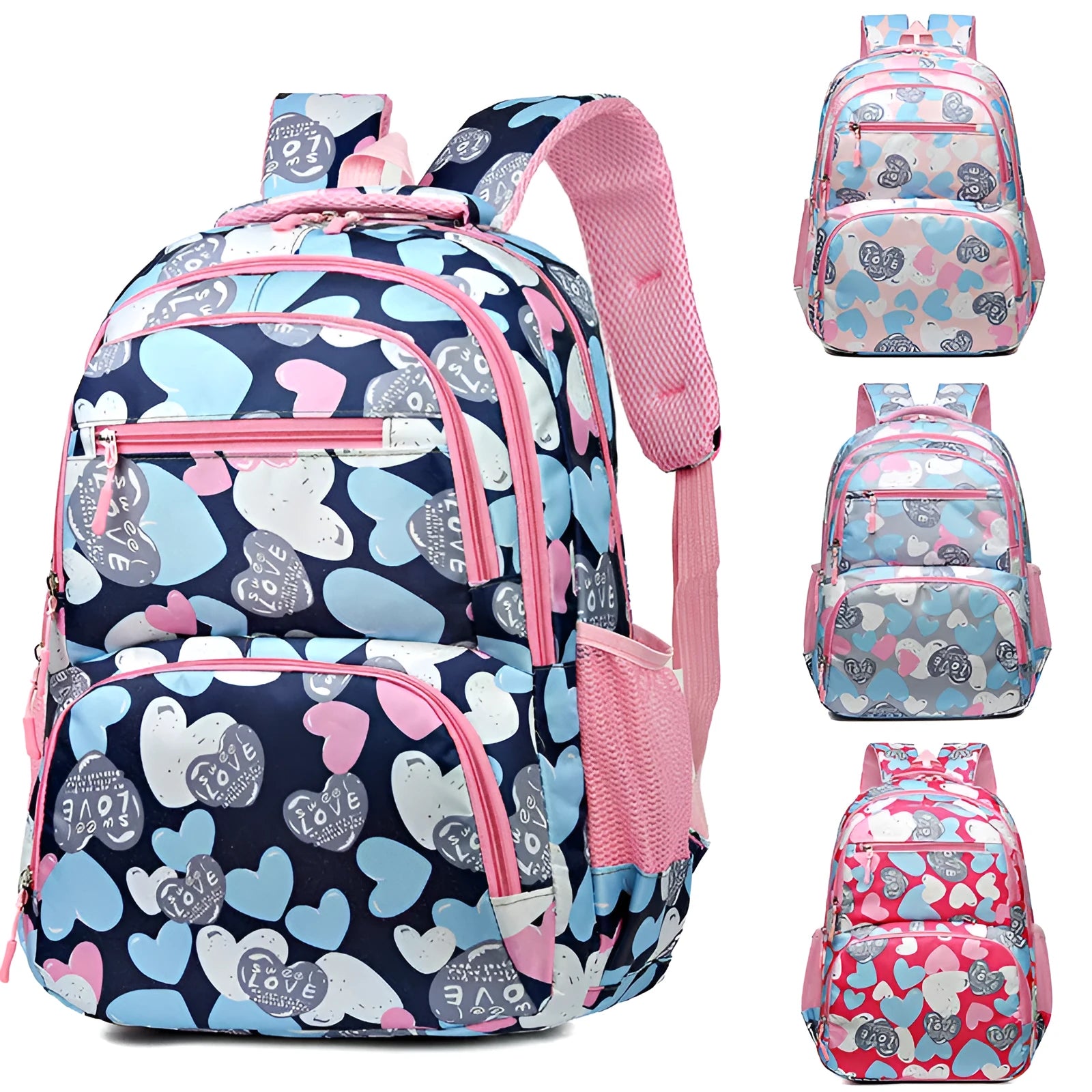 Large blue school backpack with air pillow belt straps on a grey background.