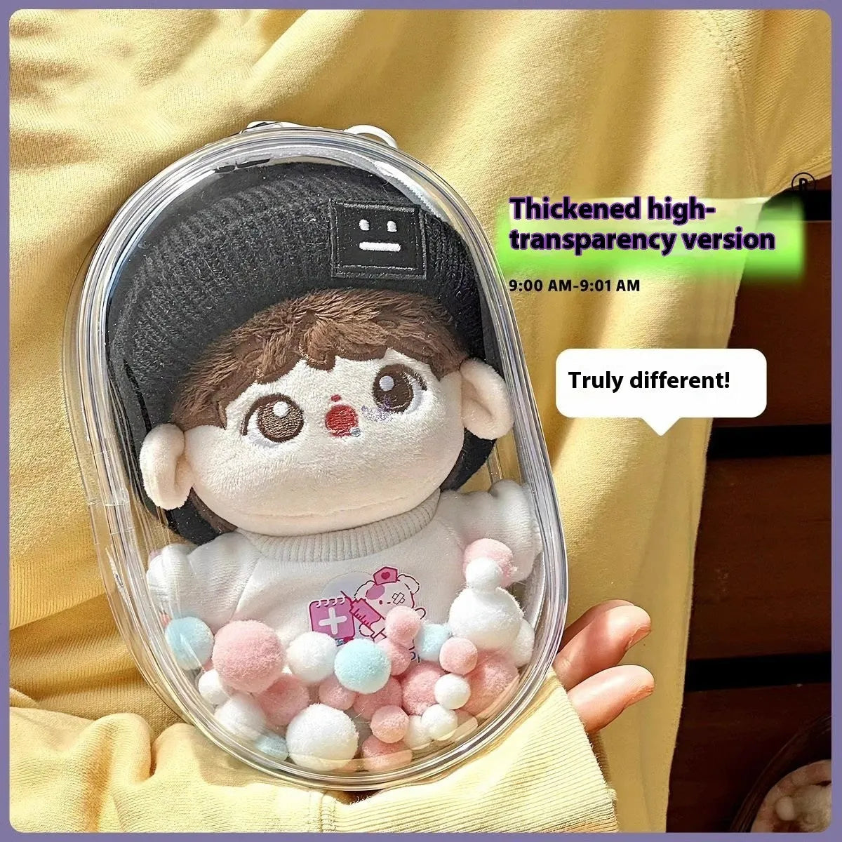 Clear PVC cube storage bag for dolls with keychain attachment in avocado green colour