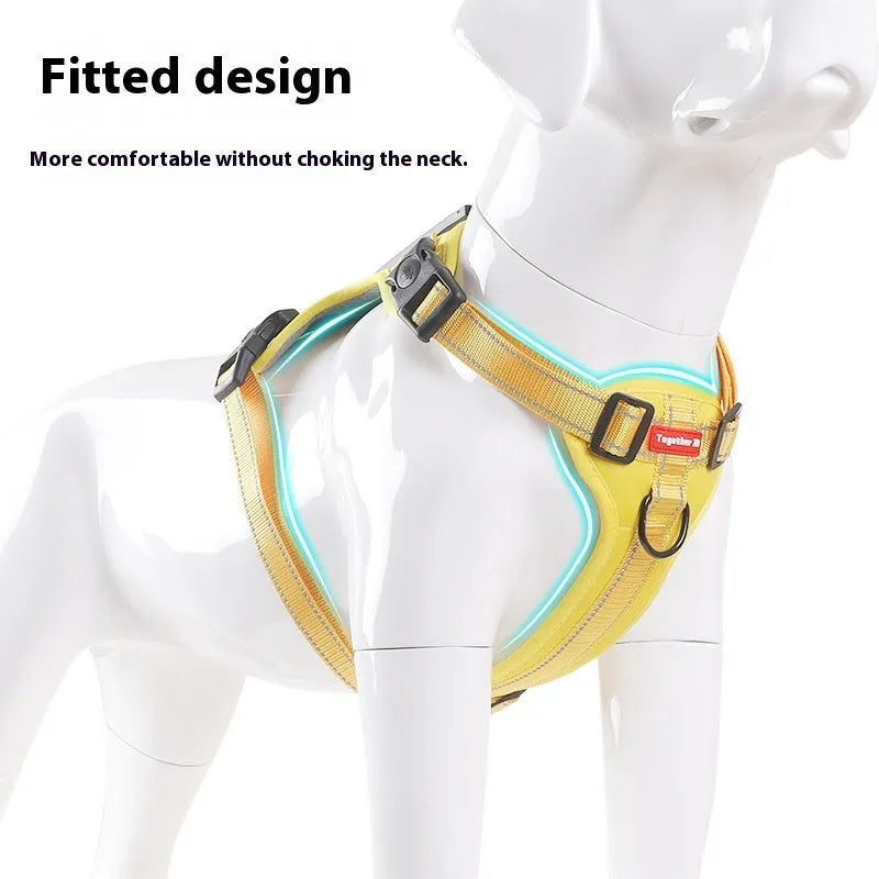 Adjustable polyester dog harness and lead in various colours with reflective trim, shown on size chart.