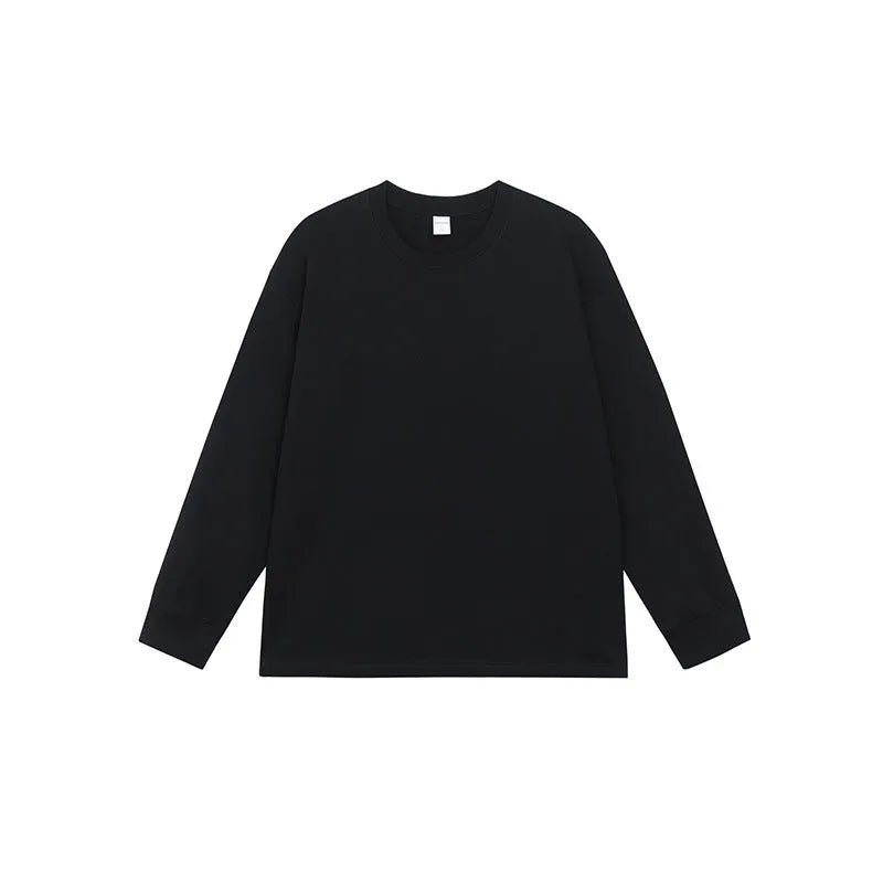 Men's loose fit long sleeve cotton t-shirt in solid colours showing size range