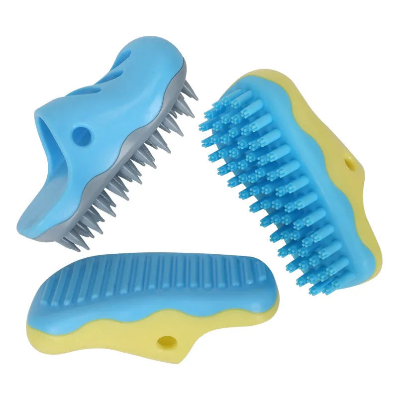 TPR dog bath massage brush showing multiple head pattern variants in blue and yellow colours