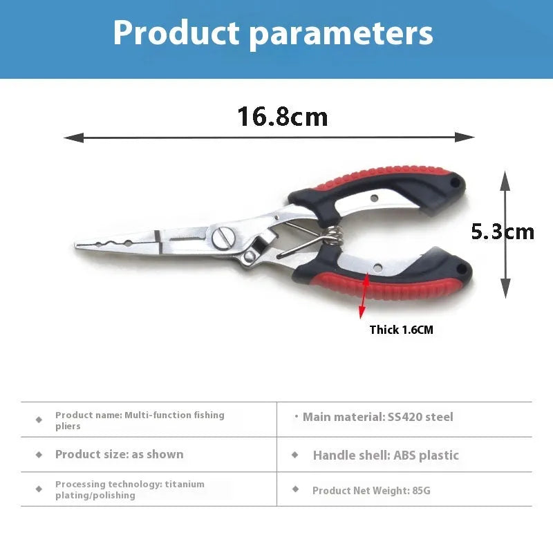 SS420 steel fishing pliers with straight mouth and hook, red blue green handle options