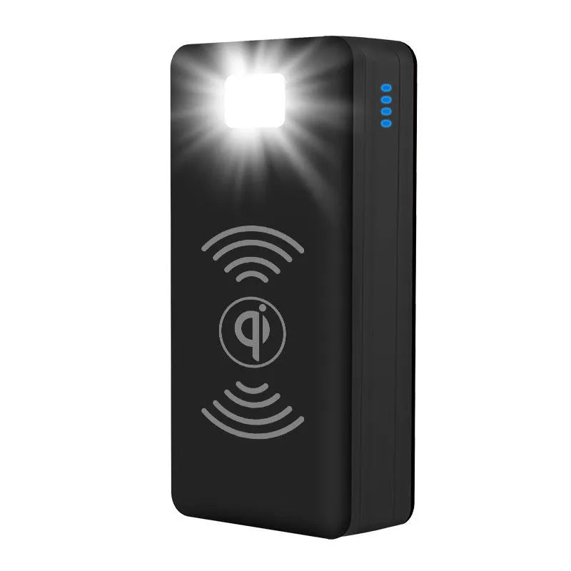 Large capacity solar wireless power bank in black with coloured accents showing solar panel and wireless charging surface