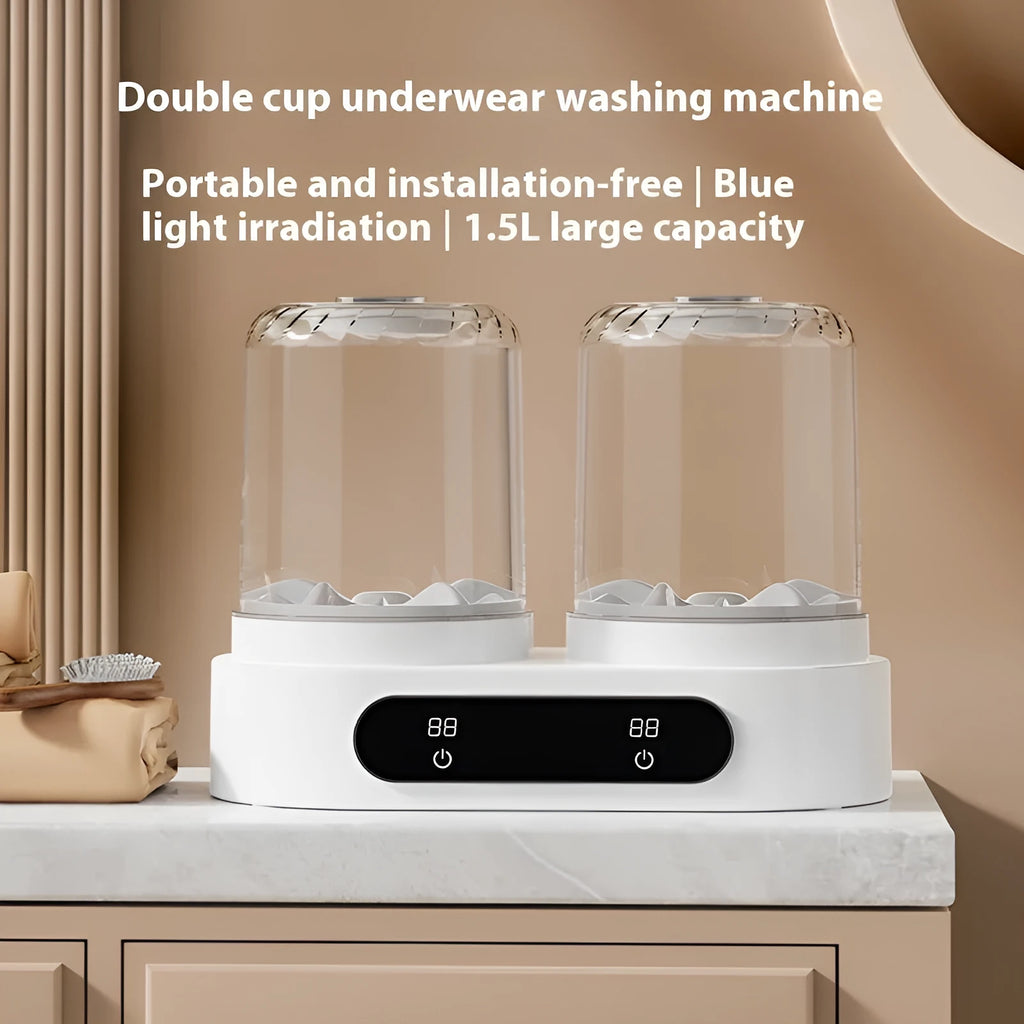 White double bucket mini USB washing machine for small garments on a countertop.