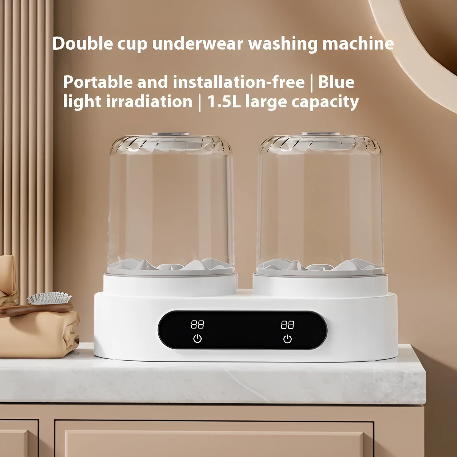 White double bucket mini USB washing machine for small garments on a countertop.