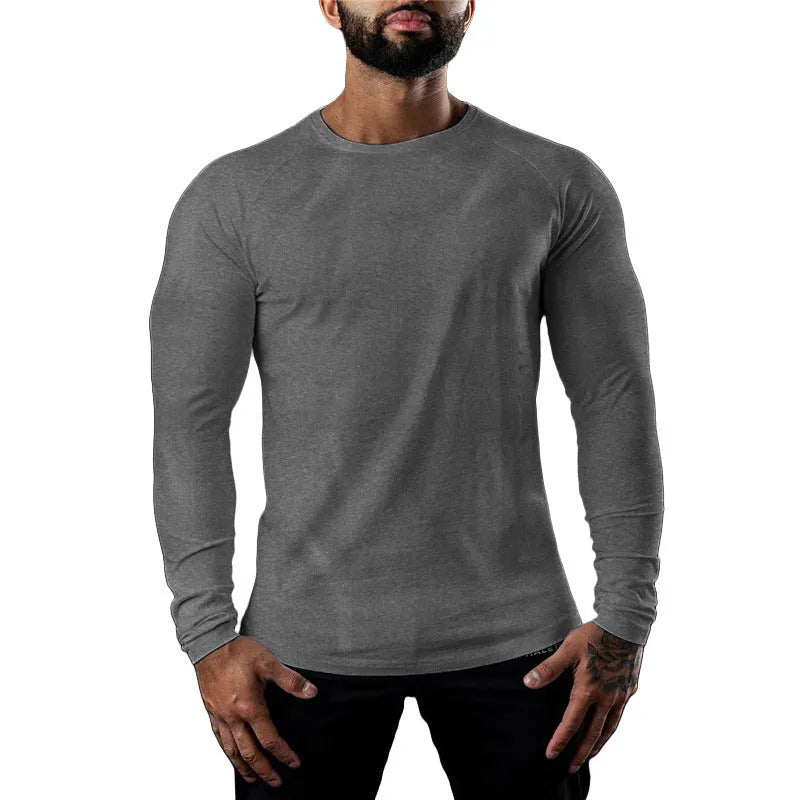 Men's tight-fitting long sleeve cotton sports t-shirt in multiple colours for exercise.