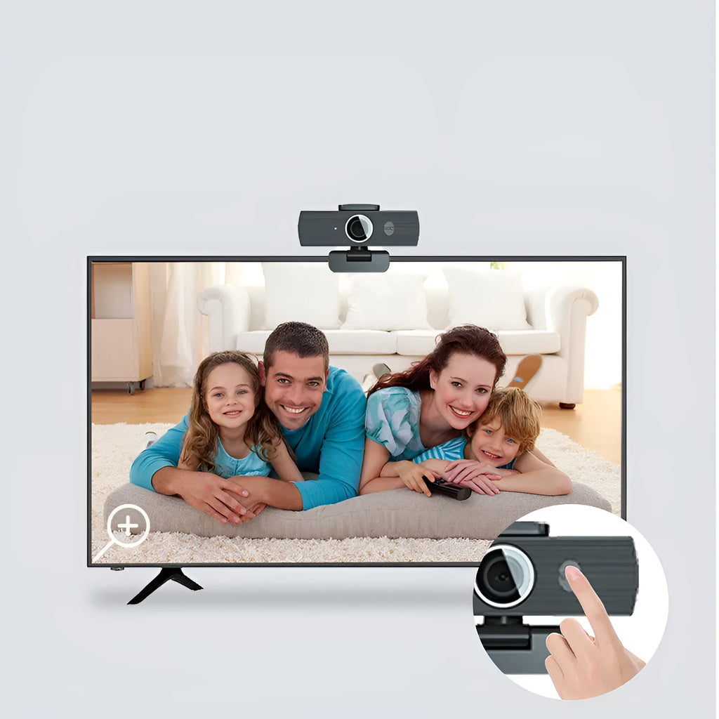 Black 4K USB webcam with magnetic privacy cover on a laptop screen