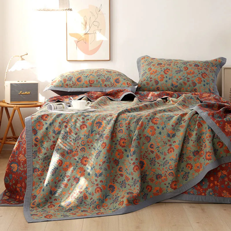 Three-piece cotton gauze bedding set with floral pattern blanket and matching pillowcases