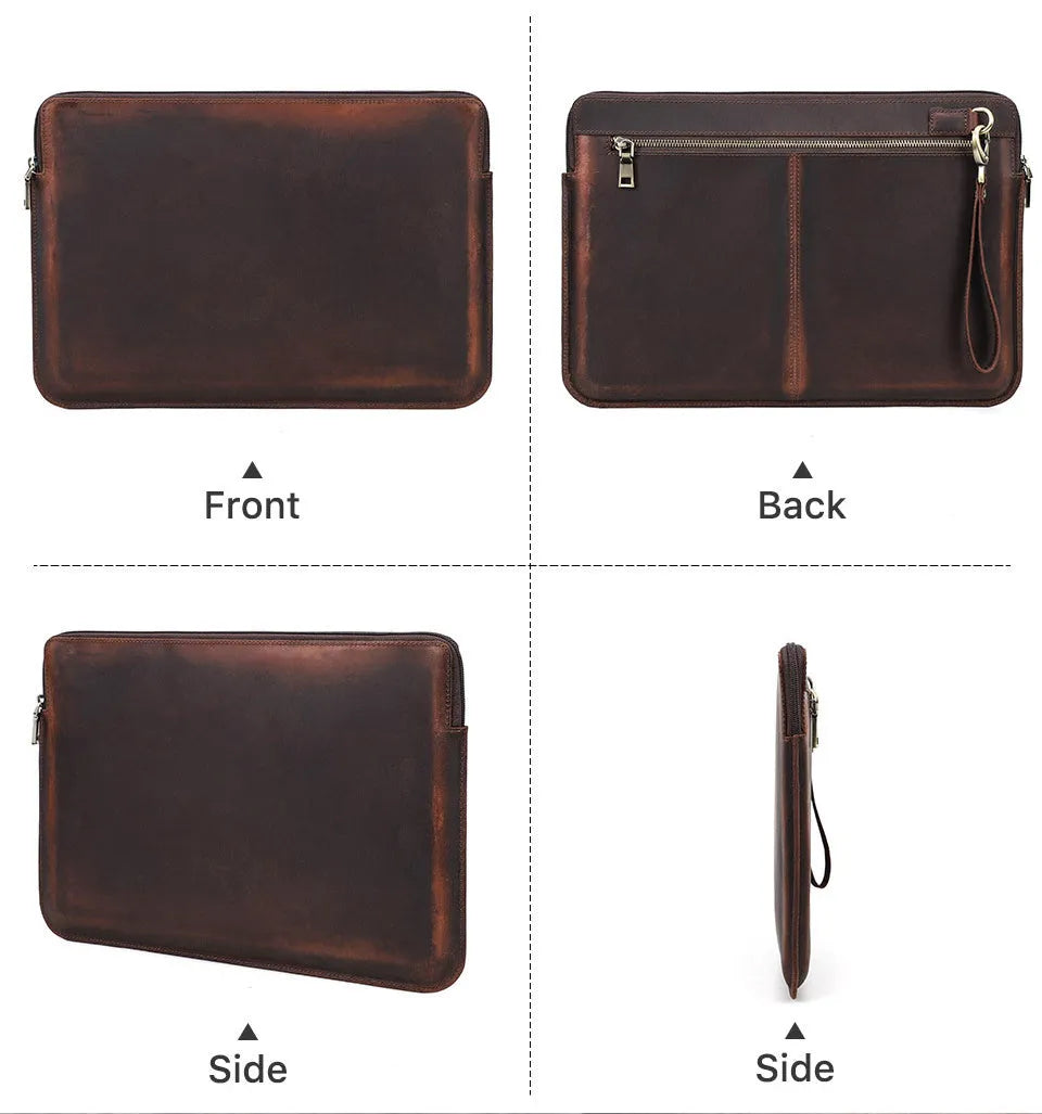 Retro Crazy Horse leather notebook zipper computer bag in coffee brown, sized for MacBook Pro 16 inch