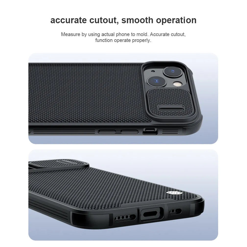 Black textured UniPro series sliding back cover case for Apple iPhone 13 Pro Max on a table.