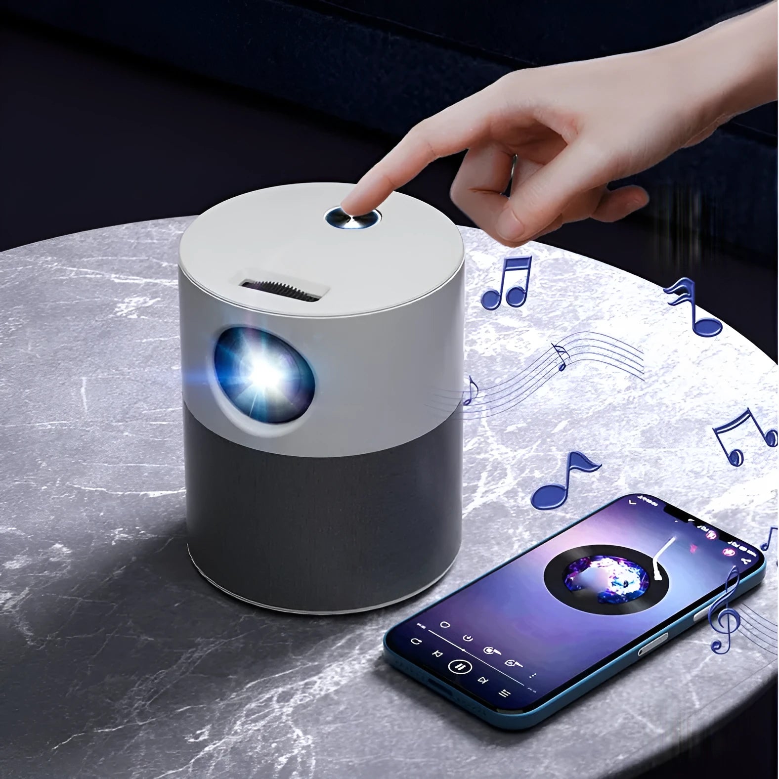 White mini home high-definition projector with 1080P resolution and front projection lens