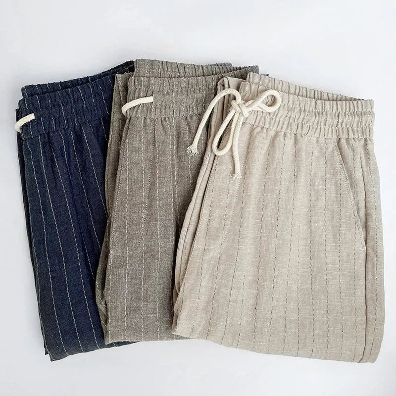 Men's striped linen-cotton casual trousers with a cropped length for summer.