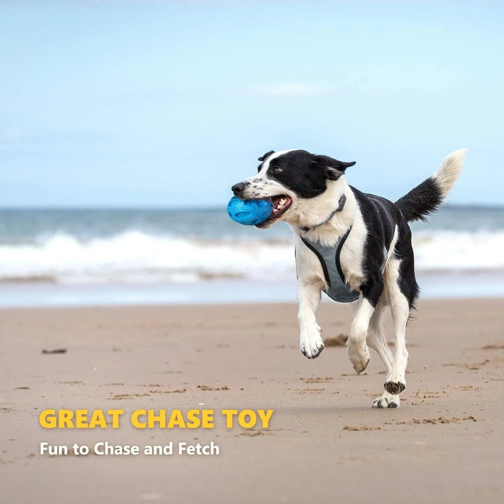 Natural rubber squeaky dog chew toy in blue, green and orange colours for medium and large breed dogs