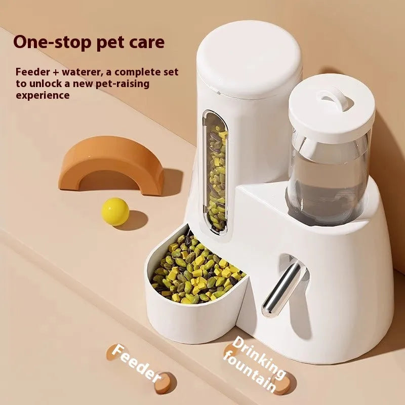 White automatic hamster drinking water feeder and food basin on a blue background.