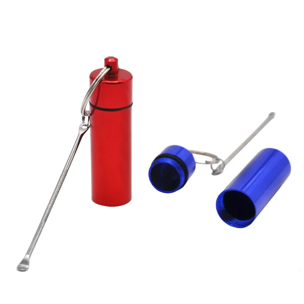 Aluminium portable pill storage bottle with keychain and small spoon in multiple colour options.