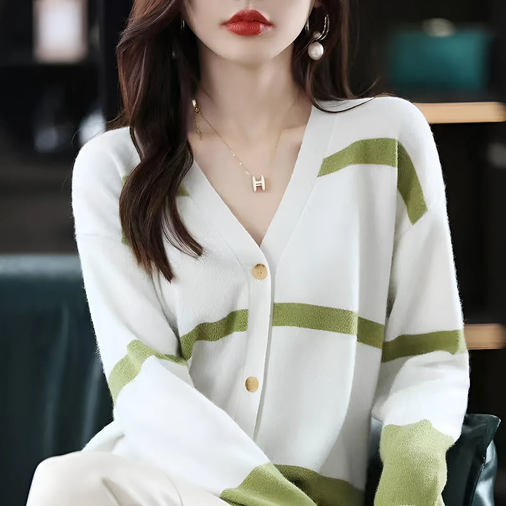 Women's slim fit striped knitted cardigan with 3D pattern and V-neck in multiple colour options