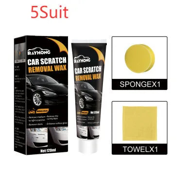 Car scratch wax kit showing 120ml tube, applicator sponge and microfiber towel for automotive paint maintenance