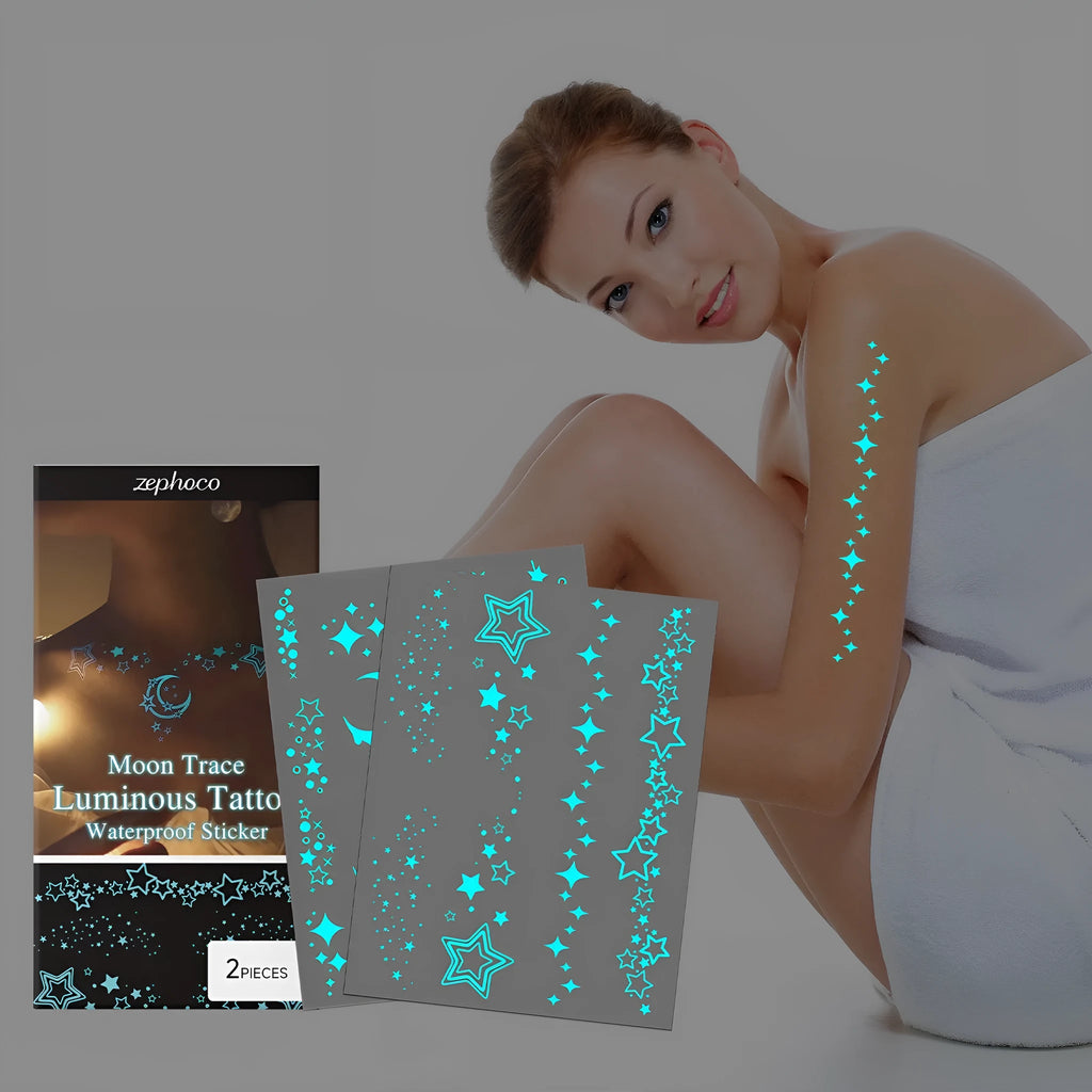 Two luminous tattoo stickers glowing under UV light for party and festival body art