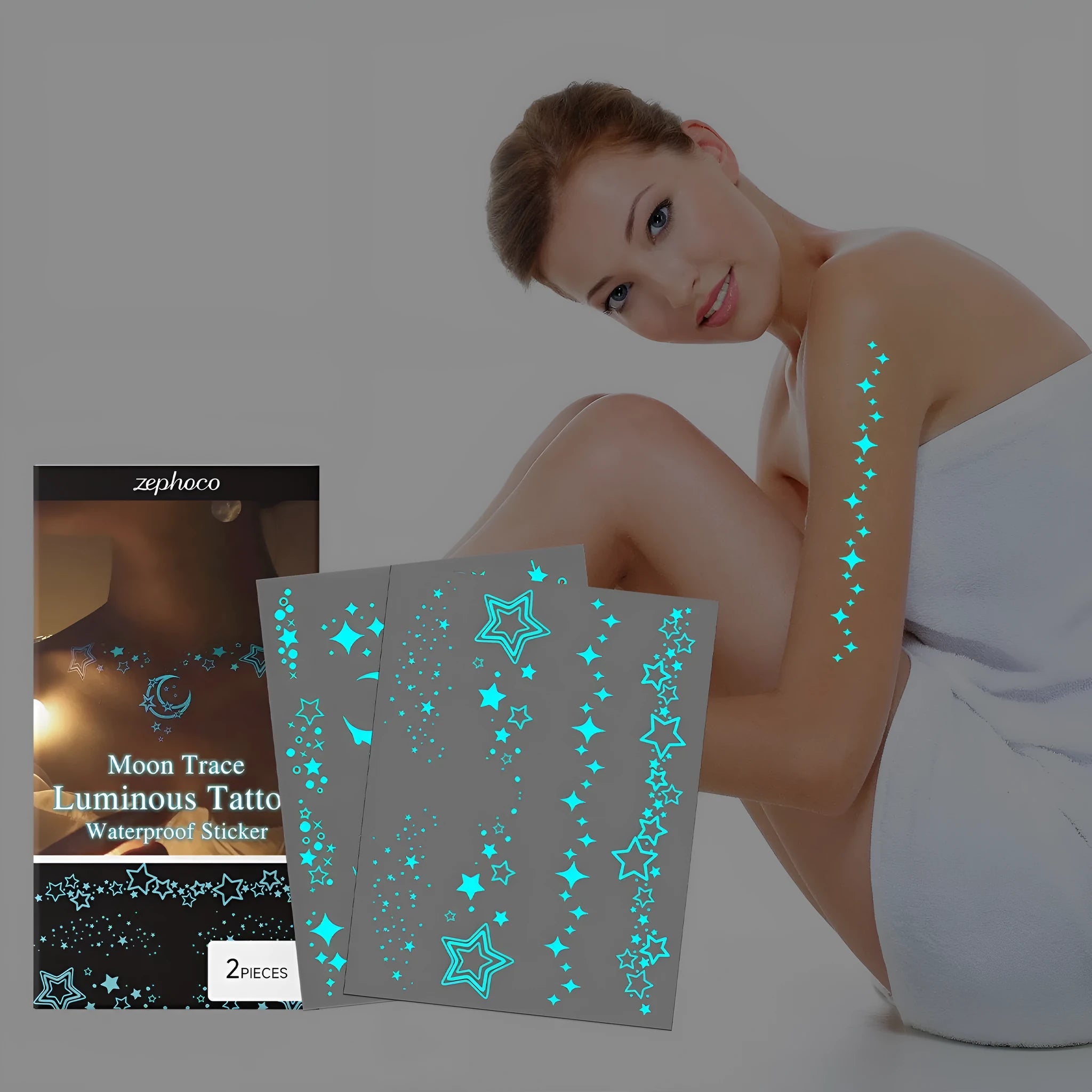 Two luminous tattoo stickers glowing under UV light for party and festival body art