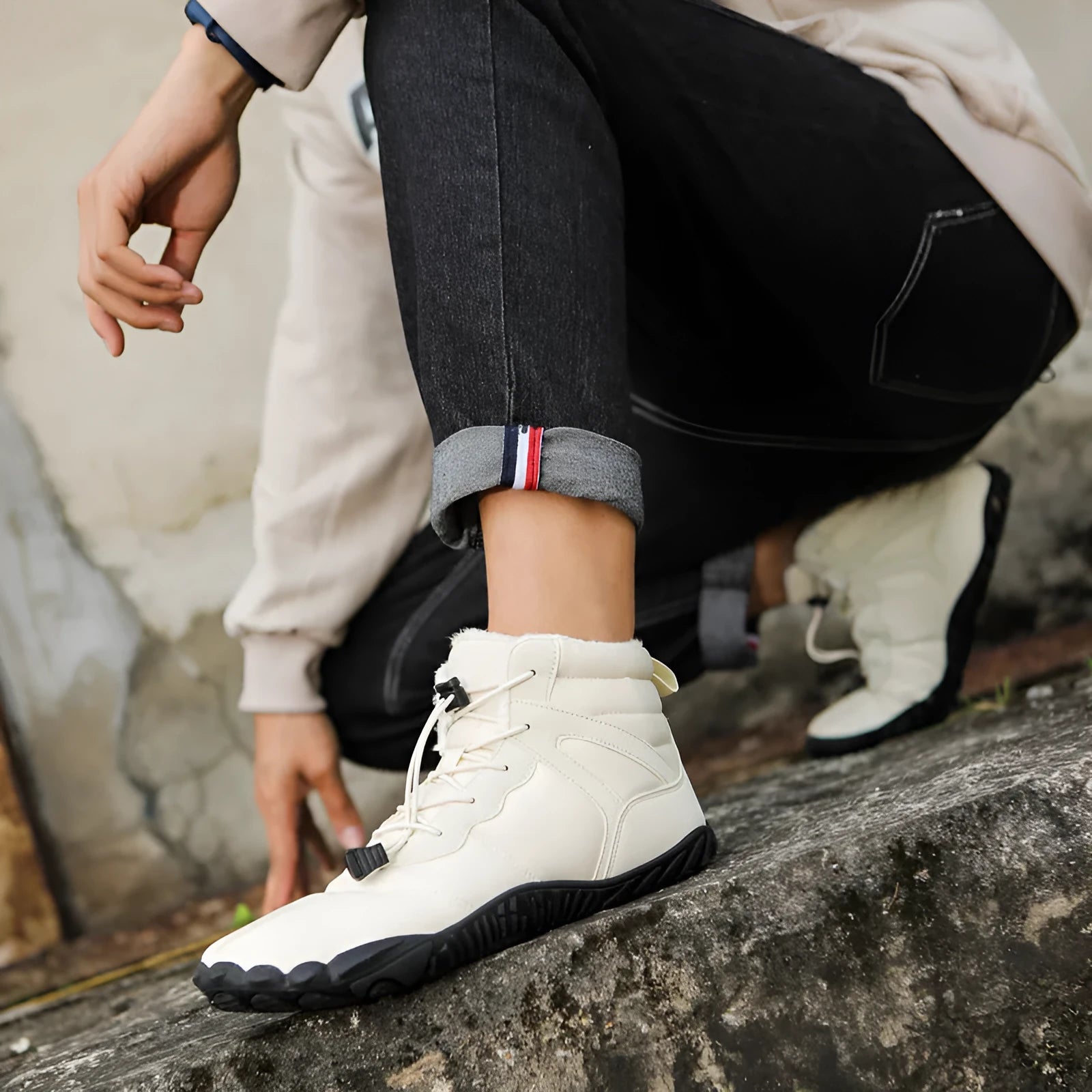Couple fleece-lined hiking shoes with rubber sole in beige, black and gray colour options