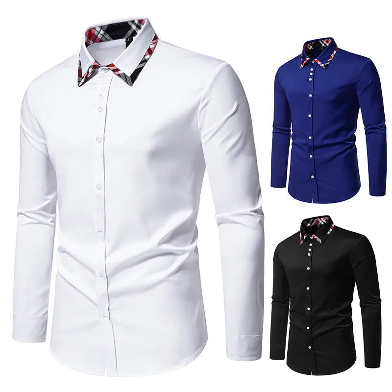 Men's plaid contrast colour triangle collar long sleeve casual shirt