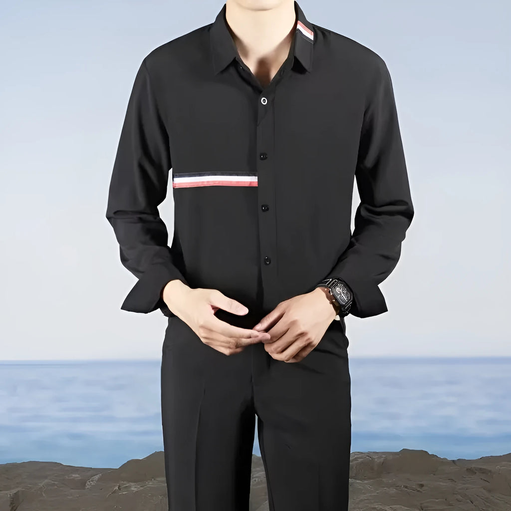 Hong Kong style loose fit shirt cardigan in a cotton blend fabric, shown in a light blue colour.