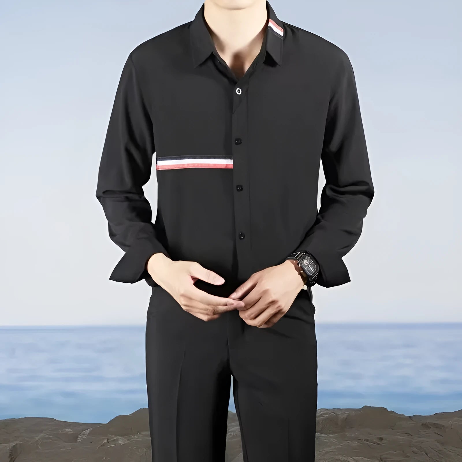 Hong Kong style loose fit shirt cardigan in a cotton blend fabric, shown in a light blue colour.
