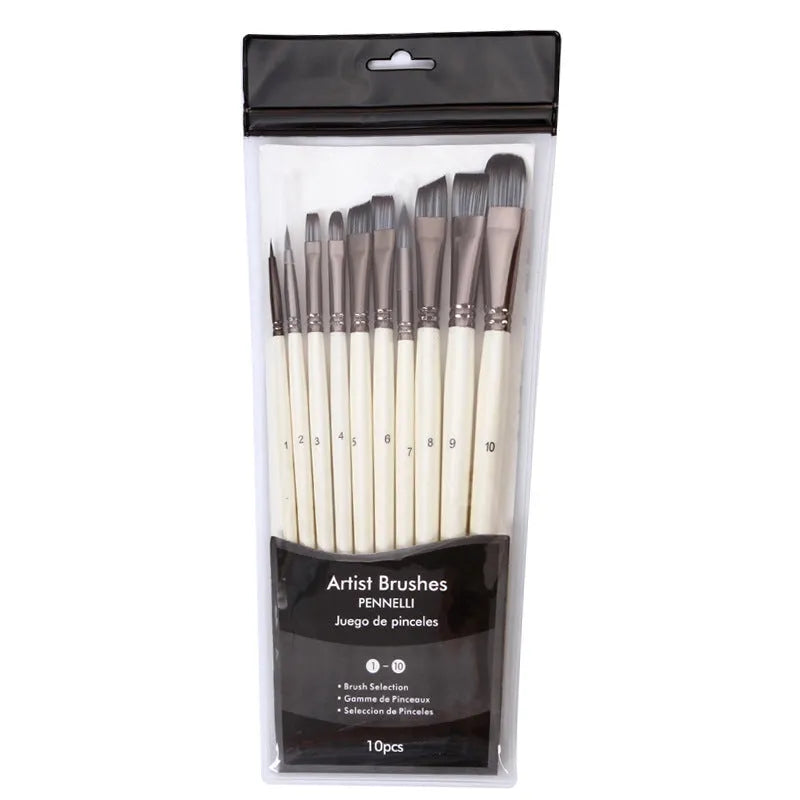 Set of 10 pearlescent white nylon watercolour brushes with wooden handles in PVC bag