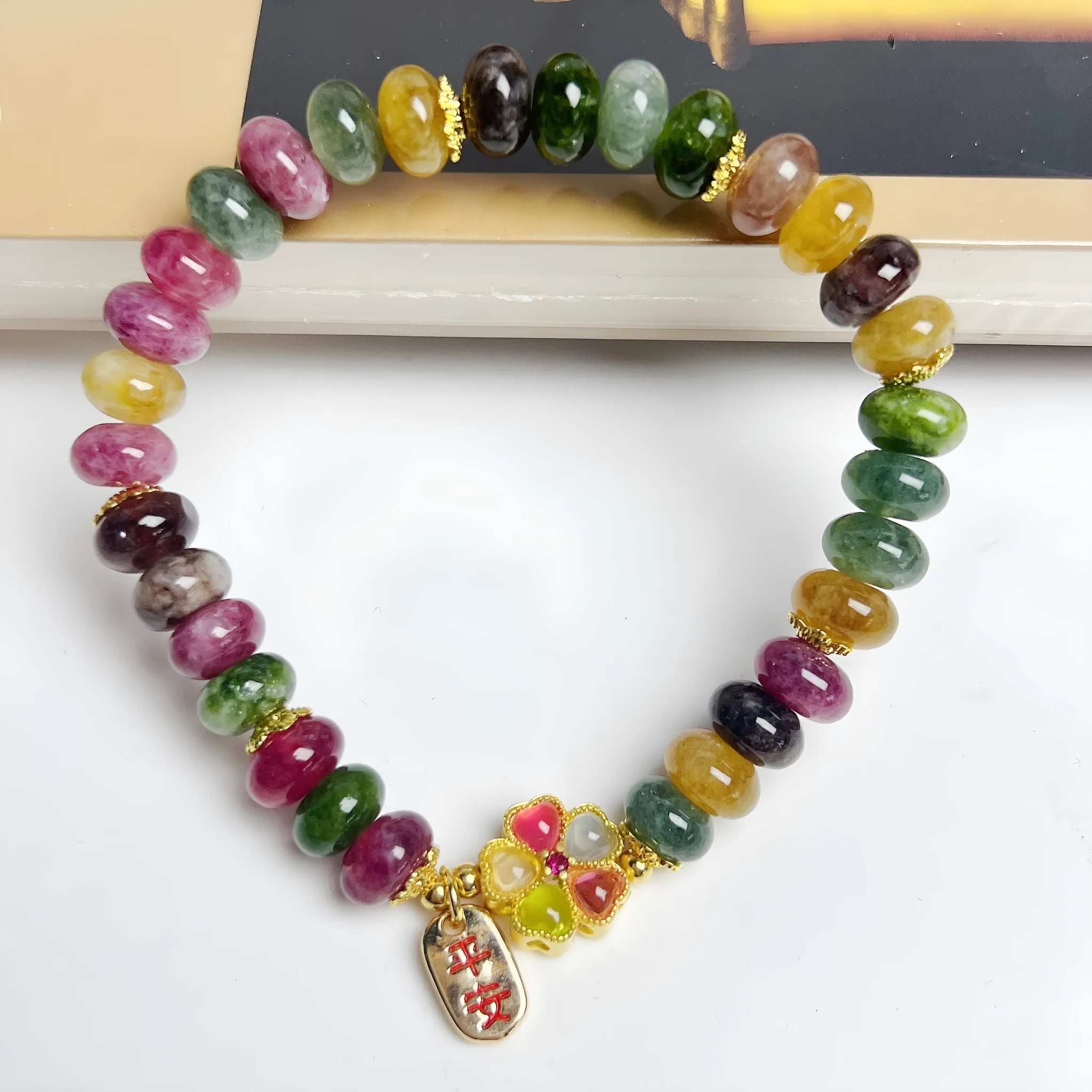 Colourful tourmaline abacus bead bracelet for women with artificial crystal beads and original design