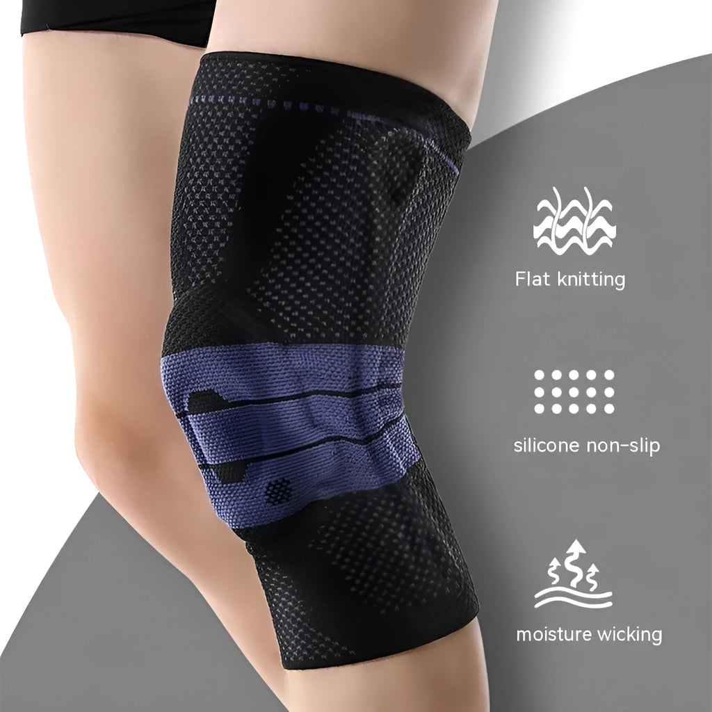 Adult sports knee pad in black and blue, made from nylon and spandex.