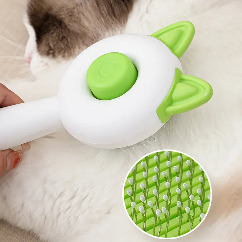 Self-cleaning cat grooming comb with stainless steel teeth in greenish white colour option