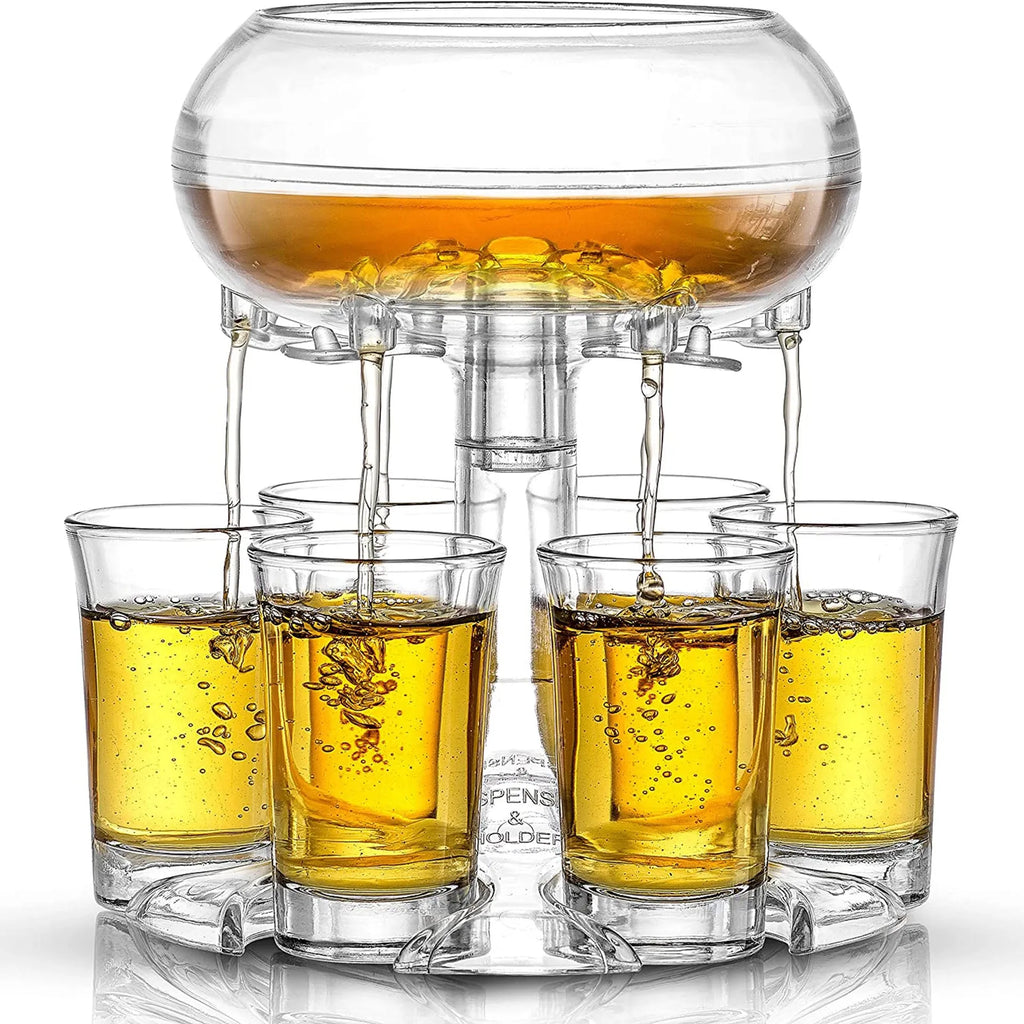 Transparent six-cup shot glass dispenser rack with gold-trimmed cups on a table.